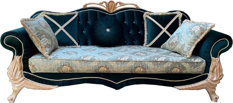 Casa Padrino Luxus Barock Wohnzimmer Set mit elegantem Blumenmuster und Glitzersteinen Türkis / Grün / Creme - 1 Sofa & 2 Sessel - Prunkvolle Barock Wohnzimmer Möbel
