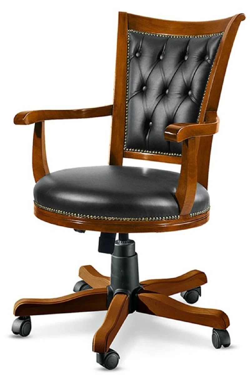 Casa Padrino Luxus Chesterfield Bürostuhl Schwarz / Braun 59 x 60 x H. 100-110 cm - Höhenverstellbarer Schreibtischstuhl mit Echtleder - Büromöbel - Chesterfield Möbel - Echtleder Möbel