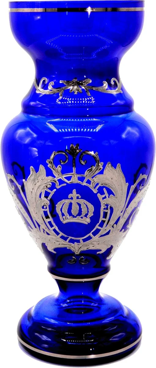 Pompöös by Casa Padrino Luxus Pokal Vase mit edler Platin Beschichtung Blau / Silber Ø 14 x H. 30,5 cm - Pompööse Blumenvase designed by Harald Glööckler