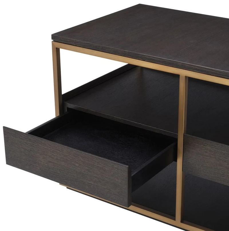 Casa Padrino Luxus TV Schrank Mokka / Messing 180 x 55 x H. 61 cm - Massivholz Sideboard mit 3 Schubladen - Wohnzimmer Möbel - Hotel Möbel - Luxus Kollektion