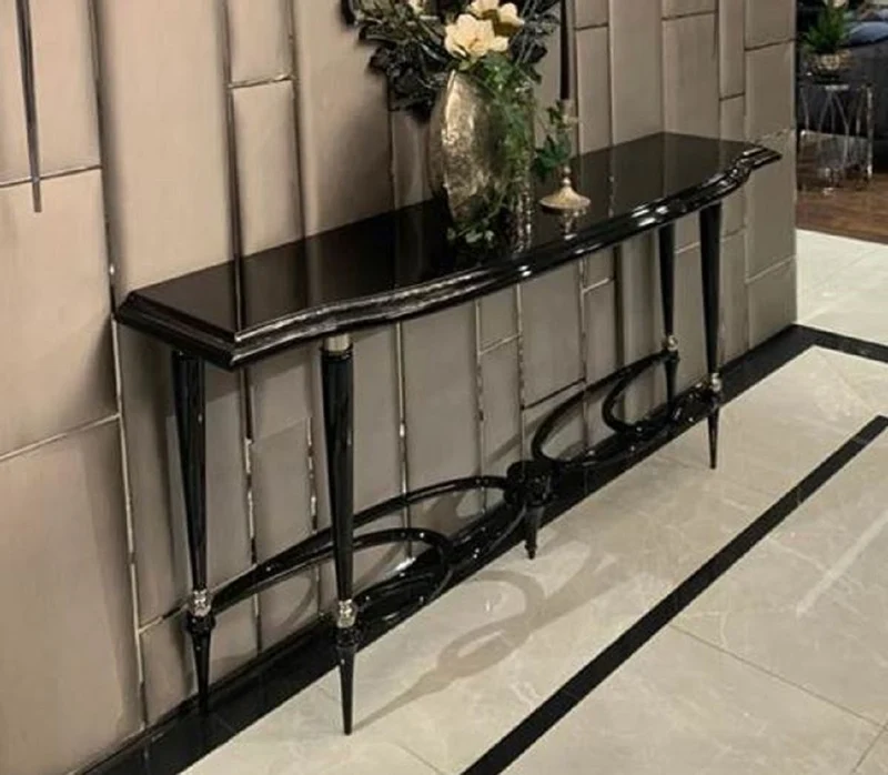 Casa Padrino Luxus Art Deco Konsole Schwarz / Silber - Prunkvoller Massivholz Konsolentisch - Luxus Art Deco Möbel