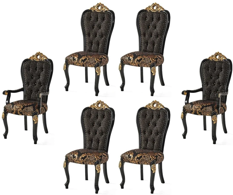 Casa Padrino Luxus Barock Esszimmerstuhl Set Schwarz / Gold - Küchen Stühle 6er Set - Barock Esszimmer Möbel - Edel & Prunkvoll