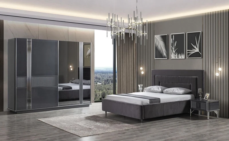 Casa Padrino Luxus Schlafzimmerschrank Grau / Schwarz / Silber 260 x 72 x H. 218 cm - Edler Massivholz Kleiderschrank mit 2 Schiebetüren - Luxus Schlafzimmer Möbel
