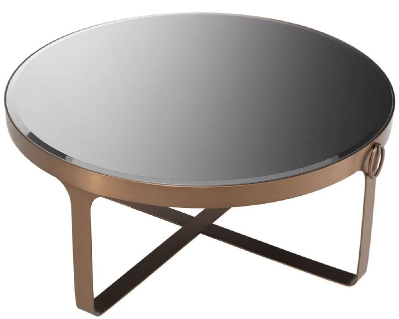 Casa Padrino Luxus Couchtisch Kupferfarben / Schwarz Ø 90 x H. 38,5 cm - Runder Edelstahl Wohnzimmertisch mit Glasplatte - Wohnzimmer Möbel - Luxus Möbel
