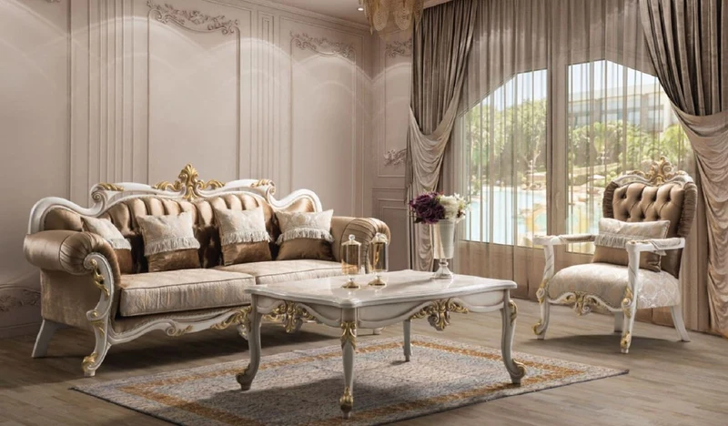 Casa Padrino Luxus Barock Wohnzimmer Set Braun / Silber / Weiß / Gold - 2 Sofas & 2 Sessel & 1 Couchtisch - Handgefertigte Wohnzimmer Möbel im Barockstil - Edel & Prunkvoll