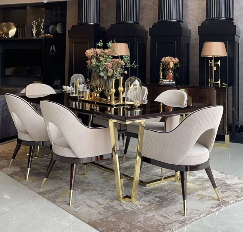 Casa Padrino Luxus Art Deco Esszimmer Set Beige / Dunkelbraun / Gold - 1 Esstisch & 6 Esszimmerstühle - Hochwertige Art Deco Esszimmer Möbel