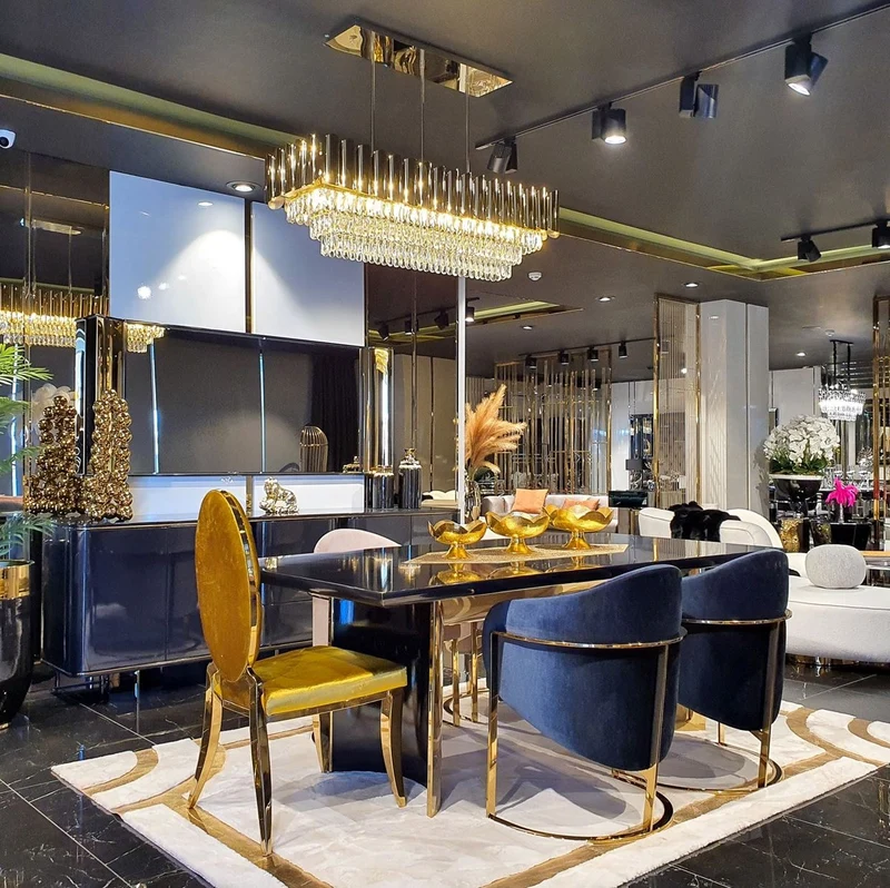 Casa Padrino Luxus Esstisch Schwarz / Gold 200 x 100 x H. 78 cm - Moderner Esszimmertisch mit Glasplatte - Luxus Esszimmer Möbel