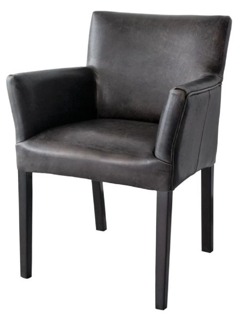 Casa Padrino Luxus Leder Esszimmerstuhl Vintage Schwarz / Schwarz 64 x 61 x H. 85 cm - Echtleder Küchenstuhl mit Armlehnen - Esszimmer Möbel