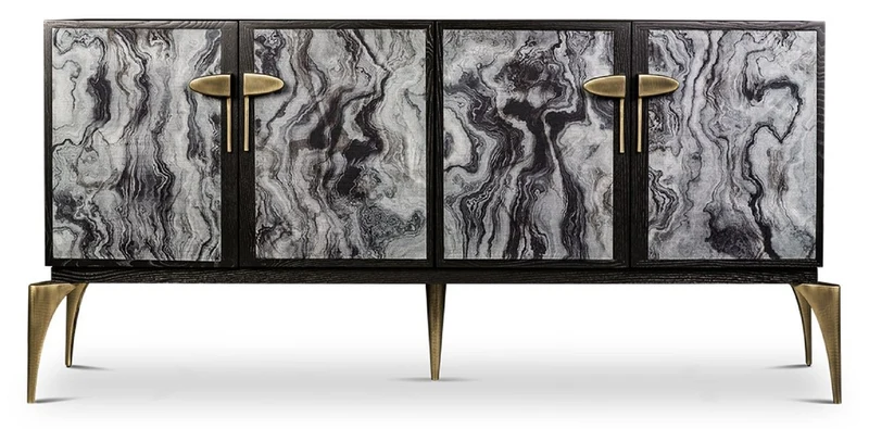 Casa Padrino Designer Sideboard Schwarz / Grau / Messing 192 x 46 x H. 90 cm - Massivholz Schrank mit 4 Türen - Wohnzimmer Möbel - Hotel Möbel - Luxus Kollektion