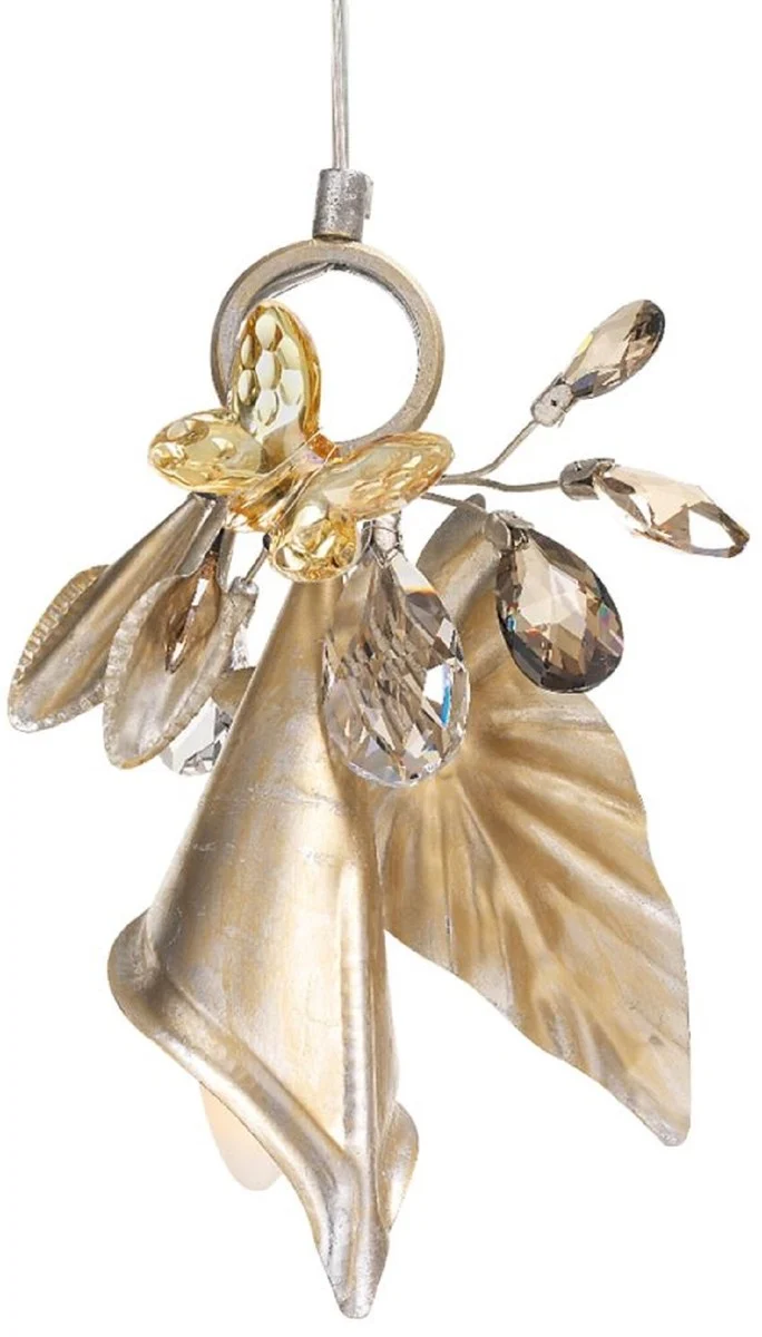 Casa Padrino Luxus Kronleuchter mit Schmetterling Silber / Gold / Bernsteinfarben 20 x 10 x H. 30 cm - Moderner Glas Kronleuchter mit Swarovski Kristallglas - Luxus Qualität
