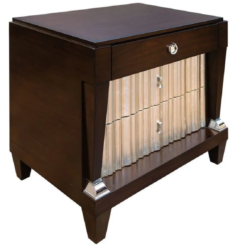 Casa Padrino Luxus Neoklassisches Schlafzimmer Set Hellbeige / Dunkelbraun / Silber - 1 Doppelbett mit Kopfteil & 2 Nachtkommoden - Neoklassische Schlafzimmer Möbel