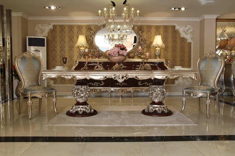 Casa Padrino Luxus Barock Esstisch Dunkelbraun / Silber - Hochwertiger handgefertigter Massivholz Esszimmertisch im Barockstil - Barock Esszimmer Möbel - Edel & Prunkvoll