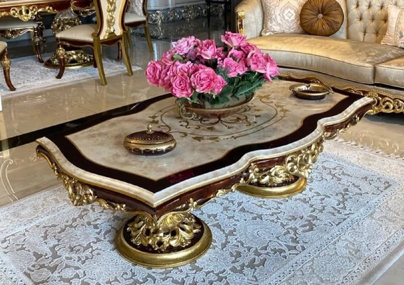 Casa Padrino Luxus Barock Wohnzimmer Set Silber / Braun / Gold - 2 Sofas & 2 Sessel & 1 Couchtisch & 2 Beistelltische - Handgefertigte Wohnzimmer Möbel im Barockstil - Edel & Prunkvoll
