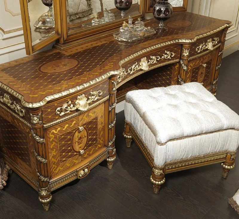 Casa Padrino Luxus Barock Kommode mit Spiegel Braun / Gold - Prunkvoller handgefertigter Schminktisch mit Wandspiegel - Hotel Möbel - Schloss Möbel - Luxus Qualität - Made in Italy