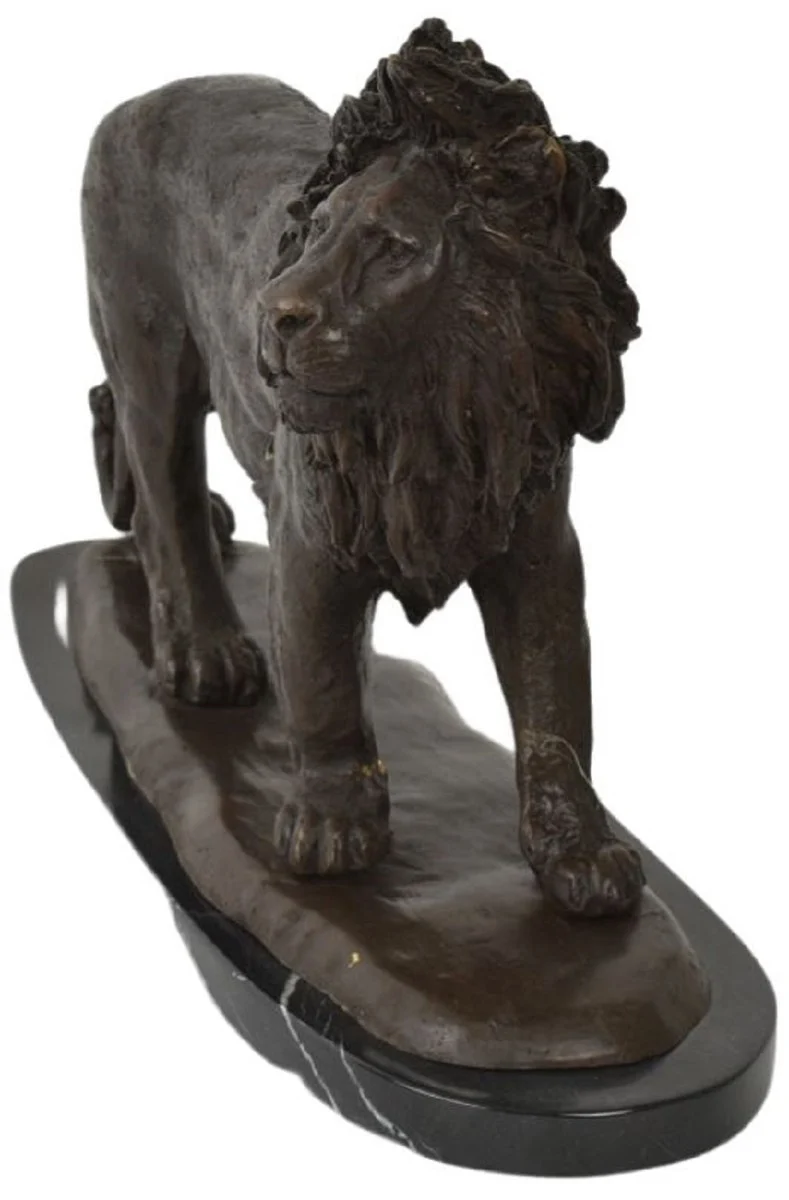 Casa Padrino Luxus Bronze Skulptur Löwe Bronzefarben / Schwarz 49 x 16 x H. 31 cm - Bronzefigur mit Marmorsockel - Dekofigur - Deko Accessoires - Luxus Kollektion