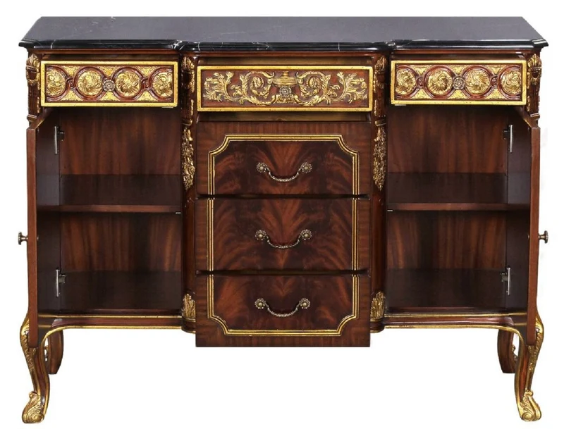 Casa Padrino Luxus Barock Massivholz Kommode mit Marmorplatte Dunkelbraun / Gold / Schwarz - Prunkvolle Barock Möbel