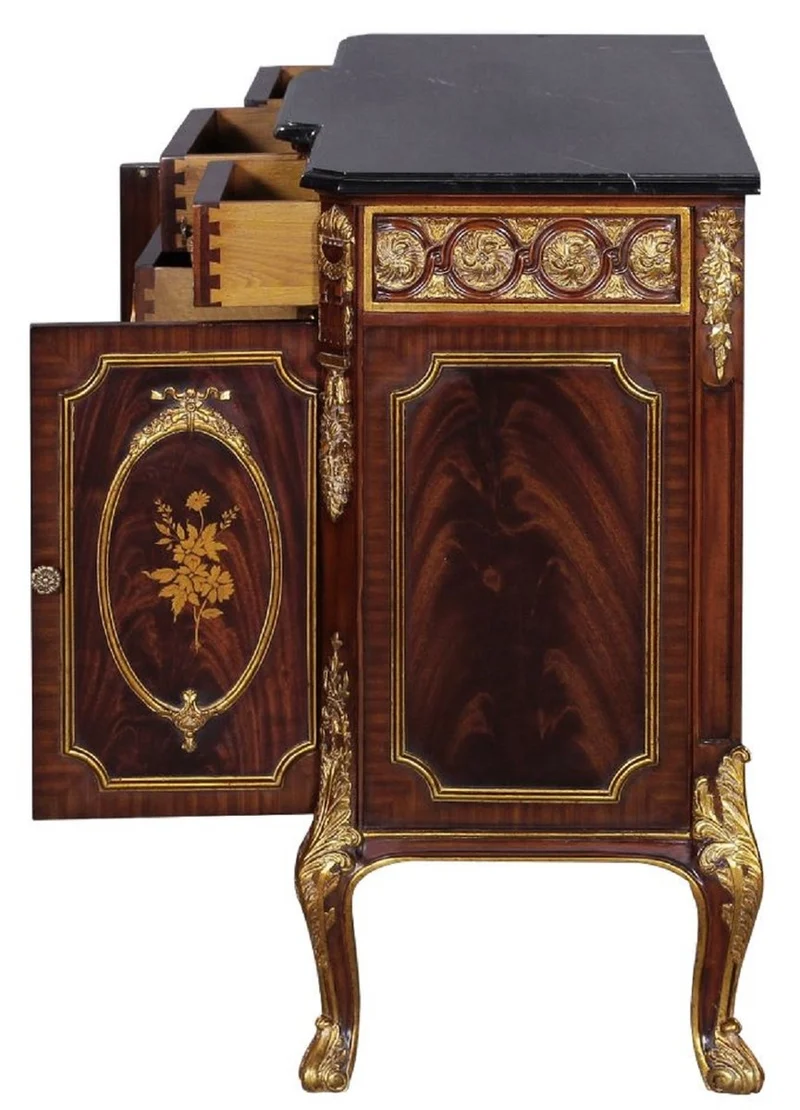 Casa Padrino Luxus Barock Massivholz Kommode mit Marmorplatte Dunkelbraun / Gold / Schwarz - Prunkvolle Barock Möbel
