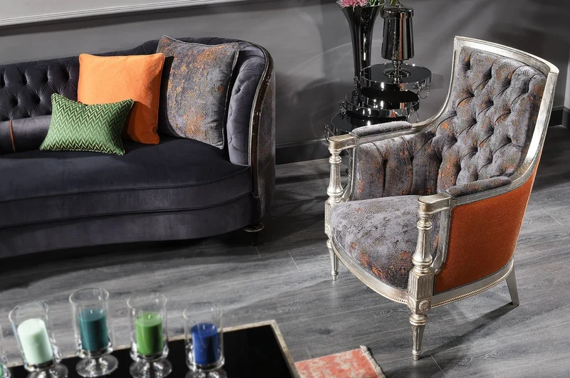 Casa Padrino Luxus Barock Sessel Lila / Orange / Silber - Handgefertigter Wohnzimmer Sessel im Barockstil - Barock Wohnzimmer Möbel