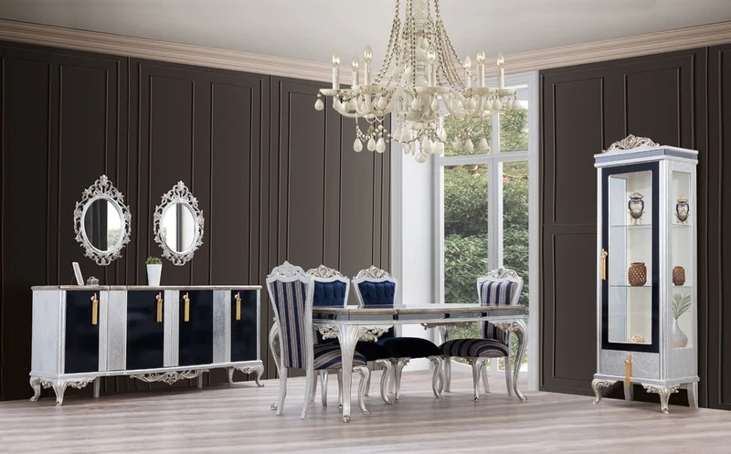 Casa Padrino Luxus Barock Esszimmer Set Blau / Silber - 1 Esstisch & 6 Esszimmerstühle - Handgefertigte Barock Esszimmer Möbel