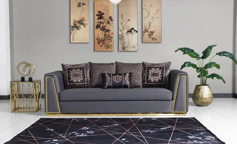 Casa Padrino Luxus Wohnzimmer Set Lila / Gold - 2 Sofas & 2 Sessel & 1 Couchtisch - Moderne Wohnzimmer Möbel - Luxus Qualität
