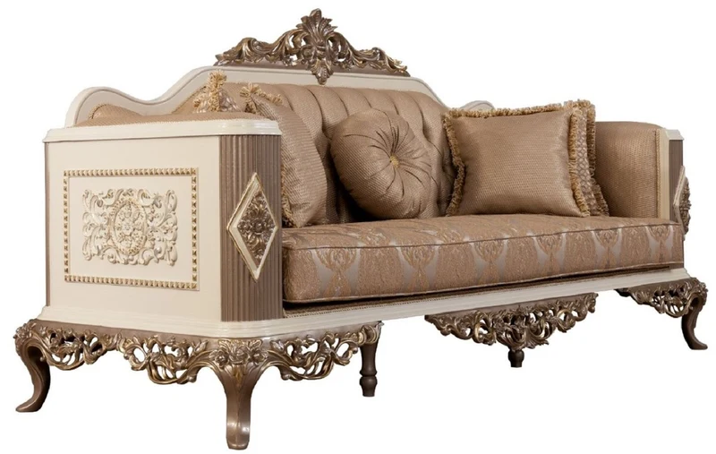 Casa Padrino Luxus Barock Sofa Braun / Silber / Weiß / Braun / Gold 234 x 93 x H. 124 cm - Prunkvolles handgefertigtes Wohnzimmer Sofa mit dekorativen Kissen - Barock Wohnzimmer Möbel