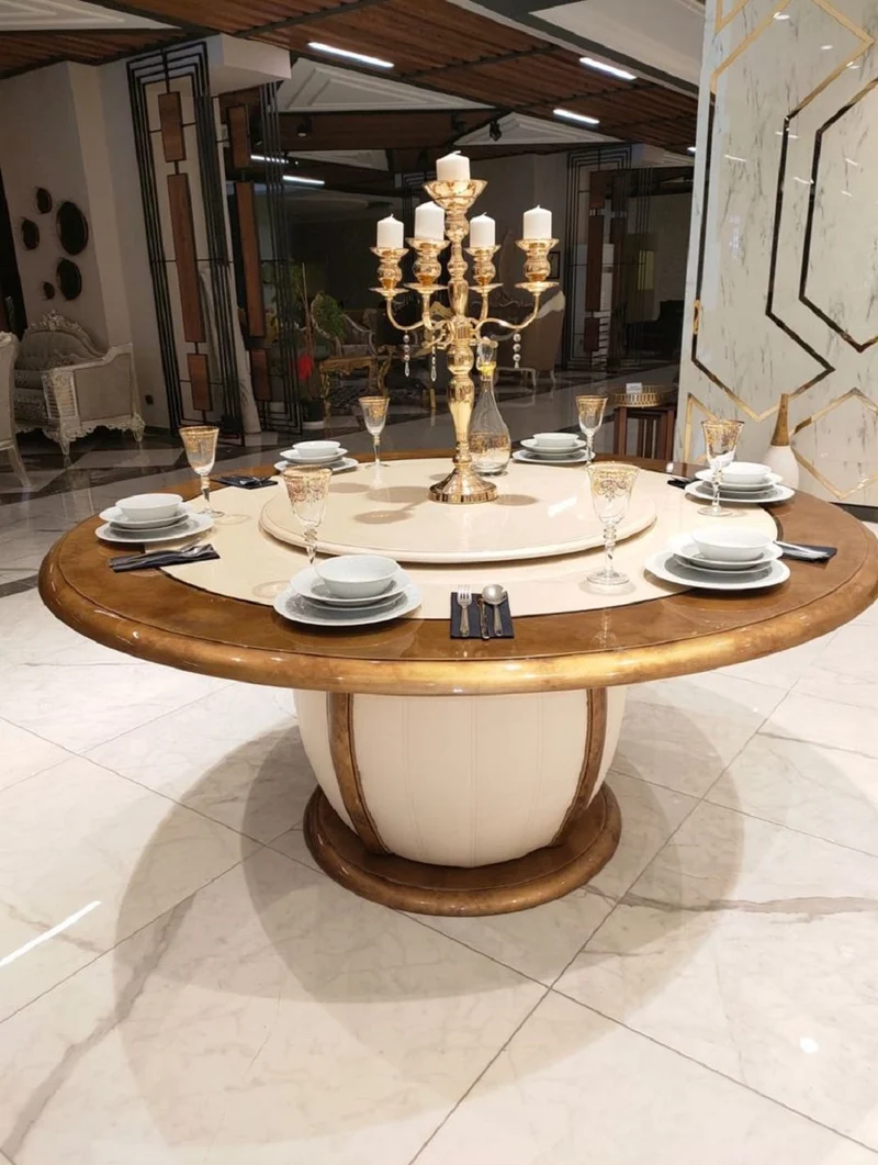Casa Padrino Luxus Barock Esstisch Cremefarben / Gold - Runder Massivholz Esszimmertisch mit drehbarem Mittelteil - Edle Barock Hotel & Restaurant Möbel