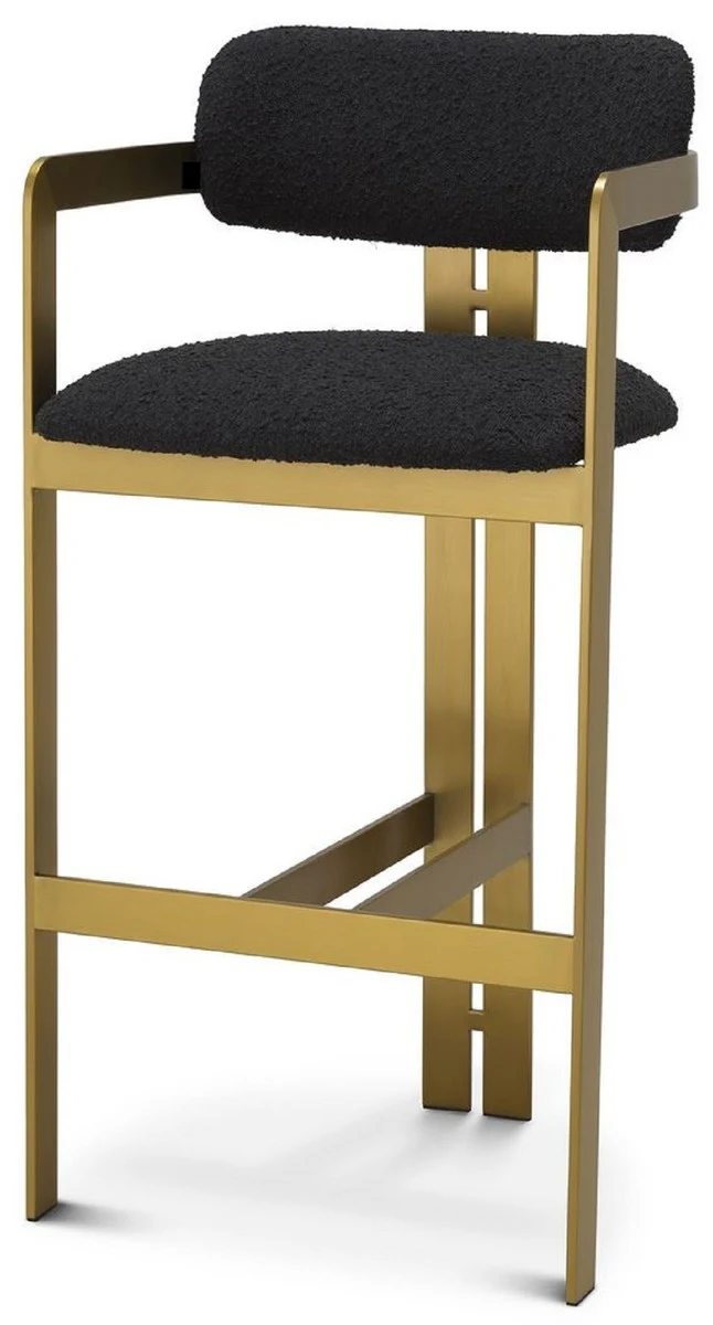 Casa Padrino Luxus Barstuhl Schwarz / Messing 53 x 44,5 x H. 107 cm - Gepolsterter Edelstahl Barhocker - Luxus Barmöbel