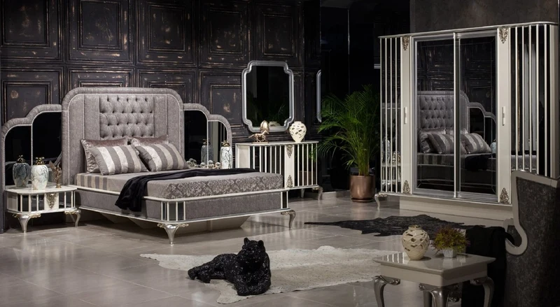 Casa Padrino Luxus Barock Schlafzimmerschrank Weiß / Grau / Silber - Verspiegelter Massivholz Kleiderschrank im Barockstil - Barock Schlafzimmer Möbel - Edel & Prunvoll