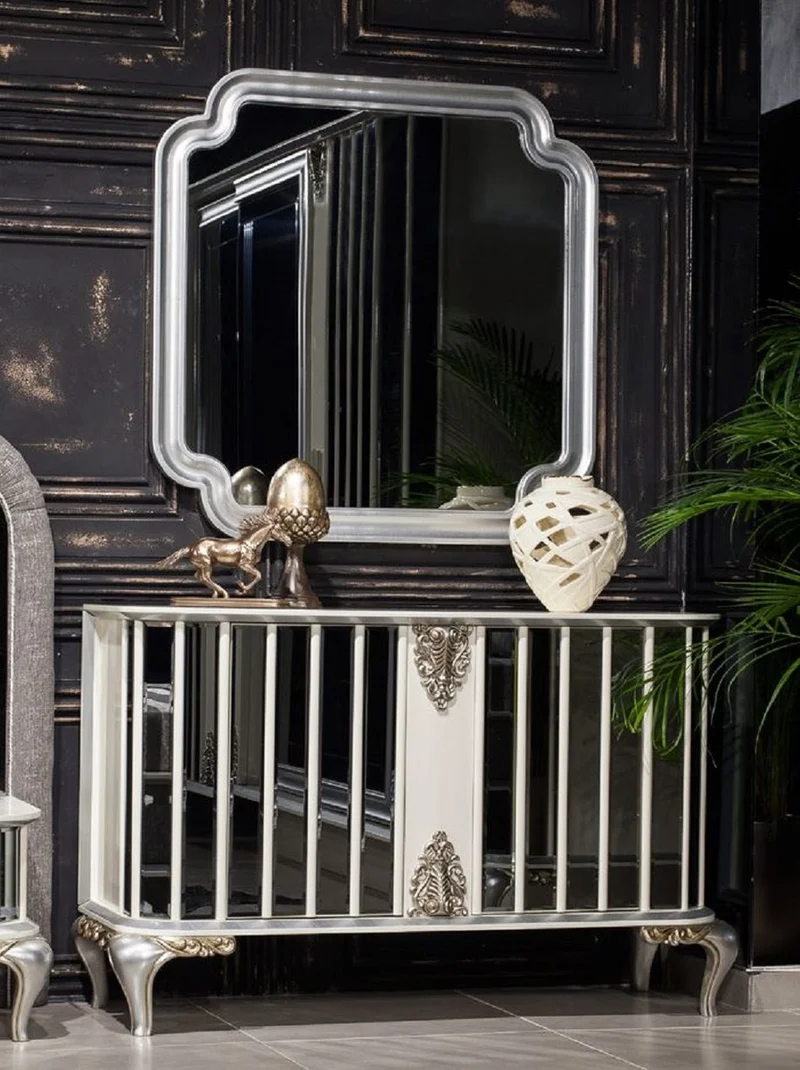 Casa Padrino Luxus Barock Möbel Set Sideboard mit Spiegel Weiß / Silber - Verspiegelter Massivholz Schrank mit elegantem Wandspiegel - Barock Möbel - Edel & Prunkvoll