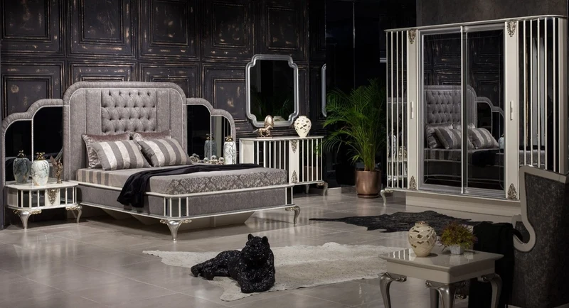 Casa Padrino Luxus Barock Möbel Set Sideboard mit Spiegel Weiß / Silber - Verspiegelter Massivholz Schrank mit elegantem Wandspiegel - Barock Möbel - Edel & Prunkvoll