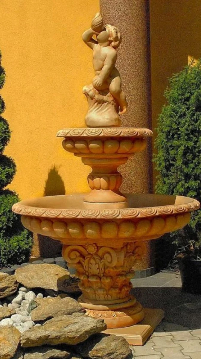 Casa Padrino Barock Springbrunnen Beige Ø 114 x H. 185 cm - Prunkvoller Gartenbrunnen - Gartendeko Brunnen - Barock Garten Deko Accessoires