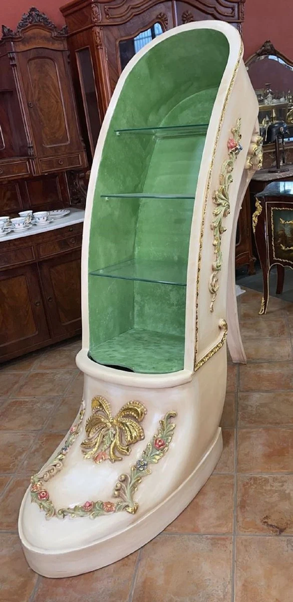 Casa Padrino Luxus Barock High Heel Vitrine Grün / Creme / Gold - Handgefertigter Massivholz Damenschuh Vitrinenschrank - Prunkvolle Barock Möbel