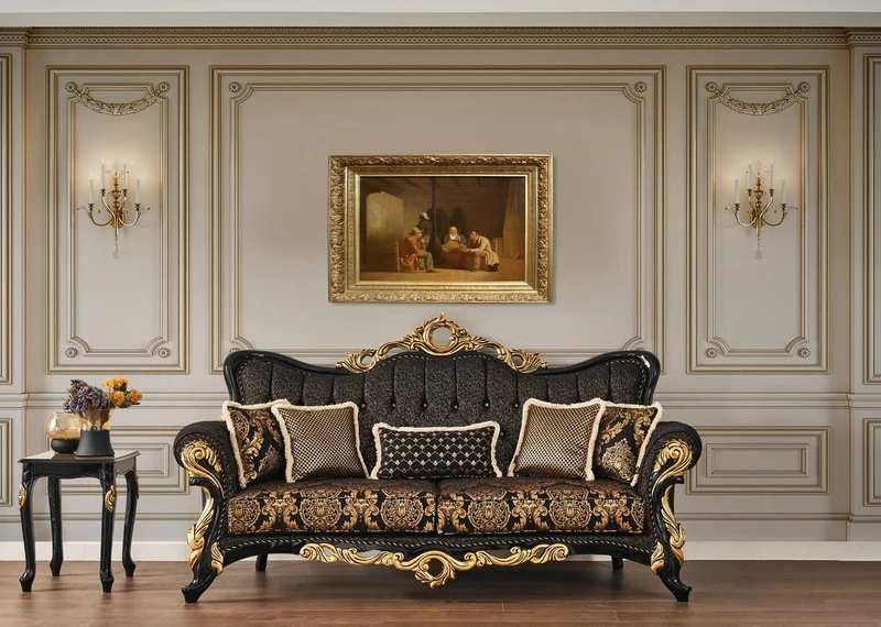 Casa Padrino Luxus Barock Wohnzimmer Set Braun / Schwarz / Gold - 2 Sofas & 2 Sessel & 1 Couchtisch & 2 Beistelltische - Wohnzimmer Möbel im Barockstil - Edel & Prunkvoll
