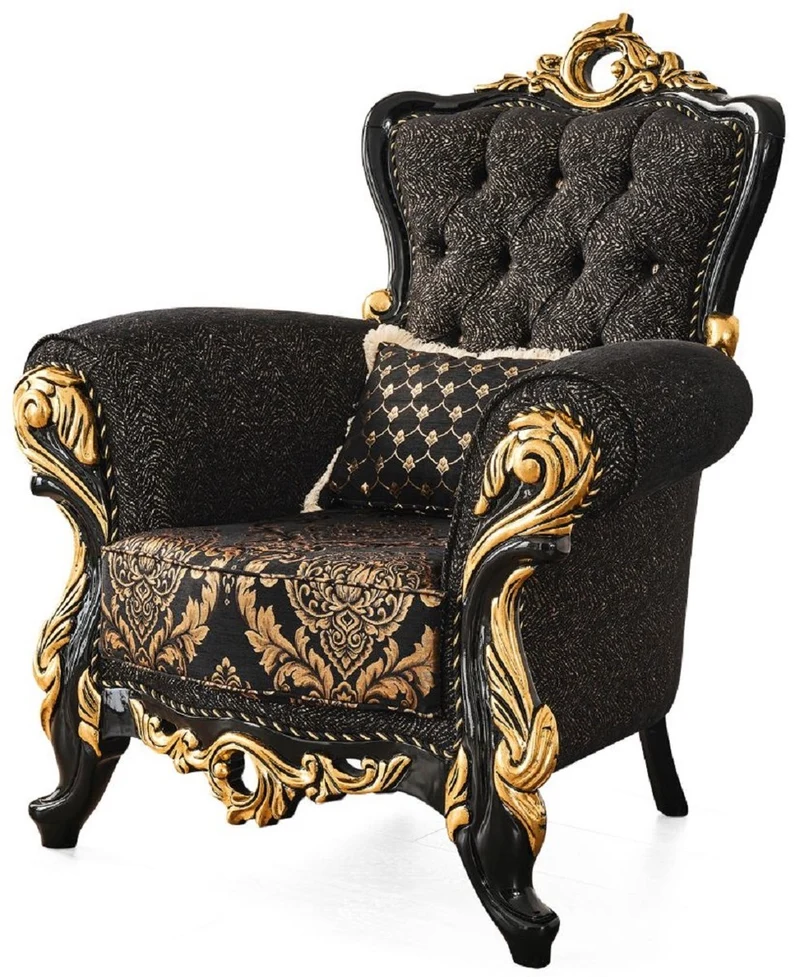 Casa Padrino Luxus Barock Wohnzimmer Set Braun / Schwarz / Gold - 2 Sofas & 2 Sessel & 1 Couchtisch & 2 Beistelltische - Wohnzimmer Möbel im Barockstil - Edel & Prunkvoll