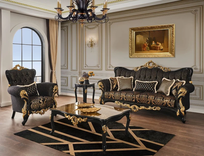 Casa Padrino Luxus Barock Wohnzimmer Set Braun / Schwarz / Gold - 2 Sofas & 2 Sessel & 1 Couchtisch & 2 Beistelltische - Wohnzimmer Möbel im Barockstil - Edel & Prunkvoll