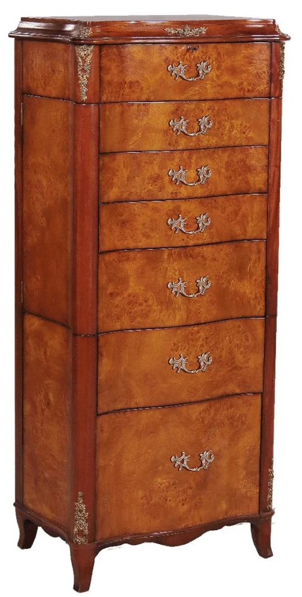 Casa Padrino Luxus Barock Schmuckkommode Hellbraun / Braun / Silber 56 x 36 x H. 128 cm - Edle Massivholz Kommode mit Spiegel - Schmuckschrank im Barockstil - Barock Möbel