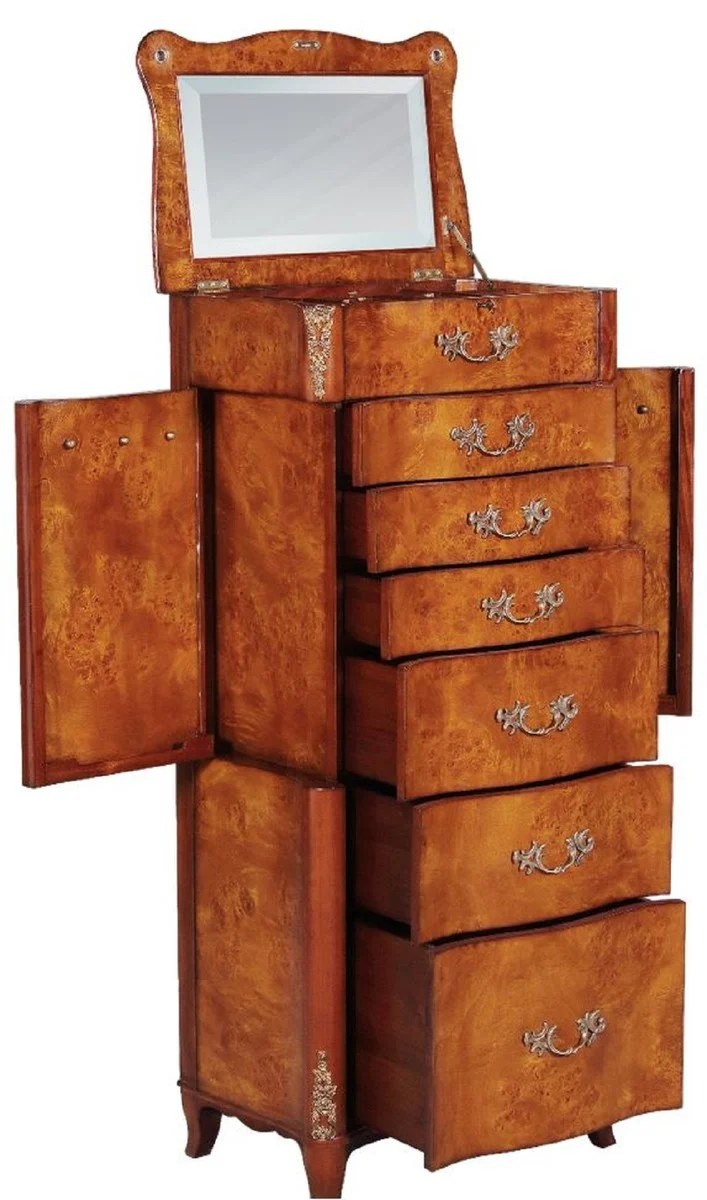 Casa Padrino Luxus Barock Schmuckkommode Hellbraun / Braun / Silber 56 x 36 x H. 128 cm - Edle Massivholz Kommode mit Spiegel - Schmuckschrank im Barockstil - Barock Möbel