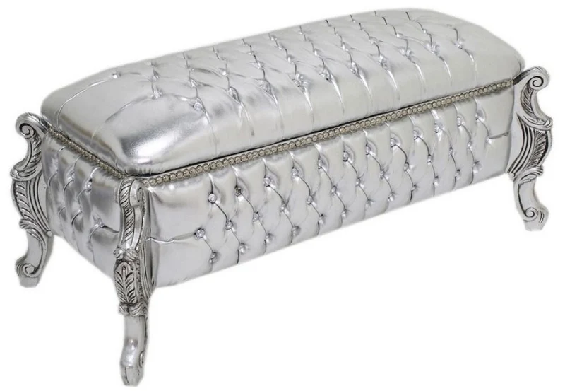 Casa Padrino Barock Sitzbank / Truhe Silber Lederoptik / Silber - Gepolsterte Massivholz Bank mit Glitzersteinen - Möbel im Barockstil