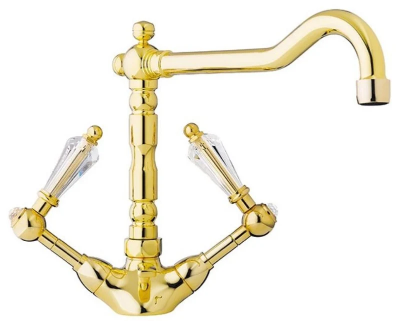 Casa Padrino Luxus Jugendstil Waschtisch Armatur mit Swarovski Kristallglas Gold H. 23,5 cm - Nostalgisches Bad Zubehör - Luxus Qualität - Made in Italy