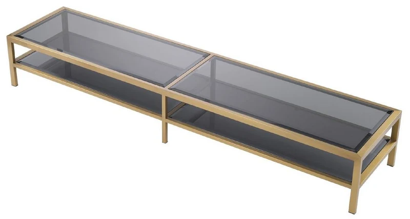 Casa Padrino Luxus TV Schrank Messingfarben / Grau 200 x 45 x H. 30 cm - Edelstahl Sideboard mit getönten Glasplatten - Luxus Wohnzimmer Möbel