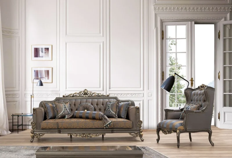 Casa Padrino Luxus Barock Couchtisch Grau / Gold 110 x 84 x H. 48 cm - Prunkvoller handgefertigter Wohnzimmertisch im Barockstil - Barock Möbel