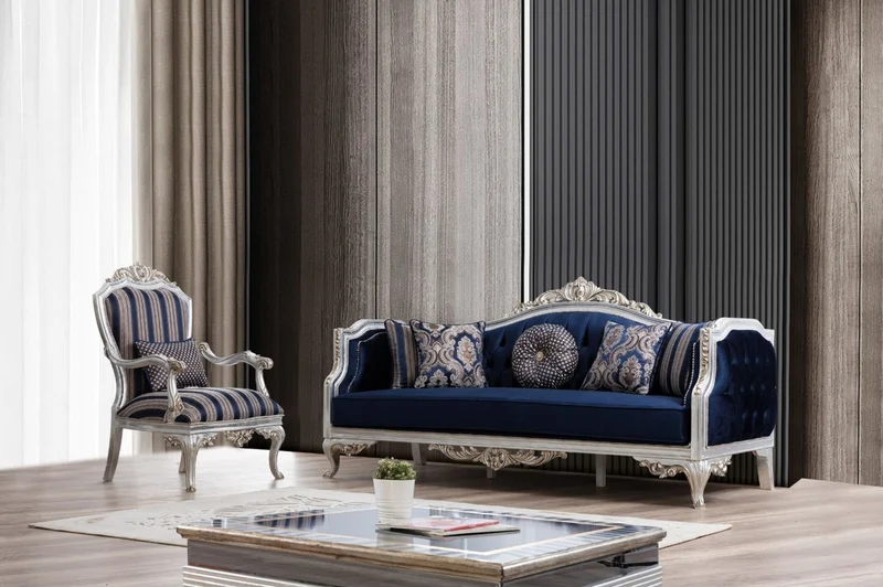 Casa Padrino Luxus Barock Wohnzimmer Set Blau / Silber / Gold - 2 Sofas & 2 Sessel & 1 Couchtisch - Wohnzimmer Möbel im Barockstil - Edel & Prunkvoll