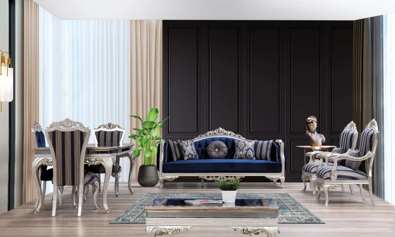 Casa Padrino Luxus Barock Wohnzimmer Set Blau / Silber / Gold - 2 Sofas & 2 Sessel & 1 Couchtisch - Wohnzimmer Möbel im Barockstil - Edel & Prunkvoll