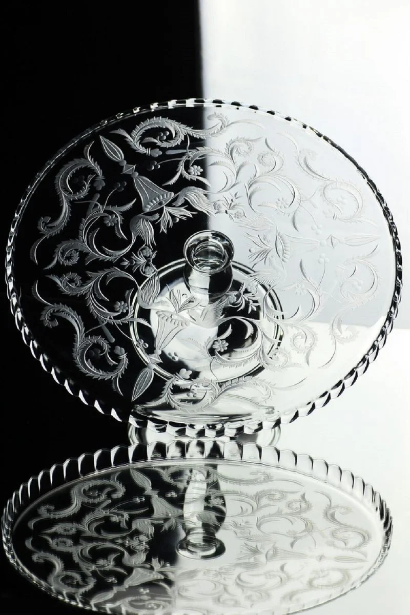 Casa Padrino Luxus Kuchenteller Silber Ø 32 x H. 12 cm - Handgefertigte und handgravierte Glas Kuchenplatte - Hotel & Restaurant Accessoires - Luxus Qualität