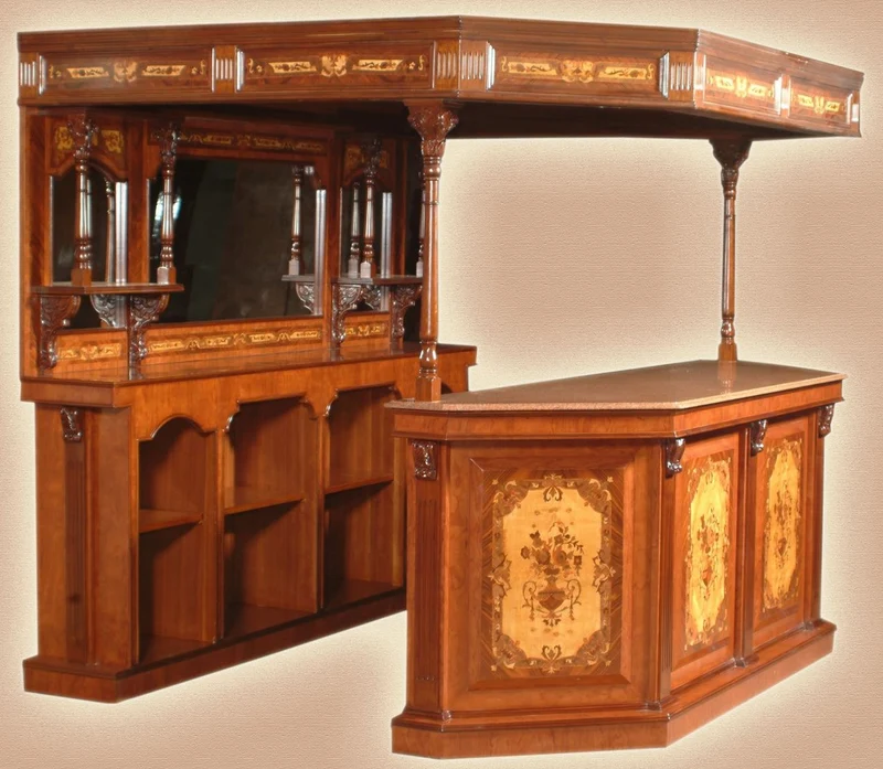 Casa Padrino Luxus Massivholz Bar mit Dach und Tresen mit Marmorplatte Braun Intarsien 266,7 x 188 x H. 213,7 cm - Handgefertigte Bar im traditionellem englischen Stil - Bar Möbel - Gastronomie Möbel