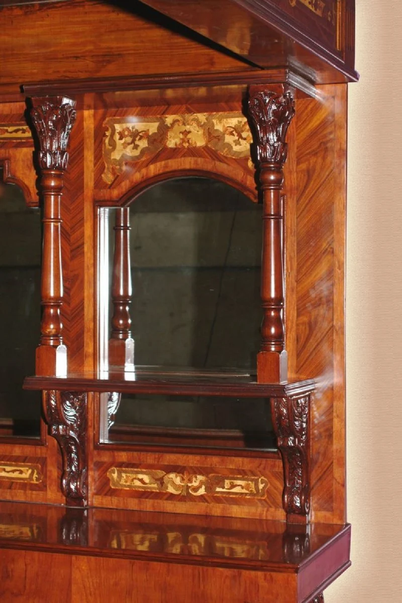 Casa Padrino Luxus Massivholz Bar mit Dach und Tresen mit Marmorplatte Braun Intarsien 266,7 x 188 x H. 213,7 cm - Handgefertigte Bar im traditionellem englischen Stil - Bar Möbel - Gastronomie Möbel
