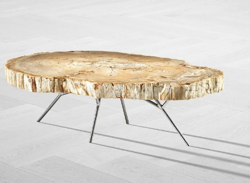 Casa Padrino Luxus Couchtisch Naturfarben / Silber 115 x 68 x H. 35 cm - Edler Wohnzimmertisch mit versteinerter Holz Tischplatte und Edelstahl Beinen - Luxus Wohnzimmer Möbel