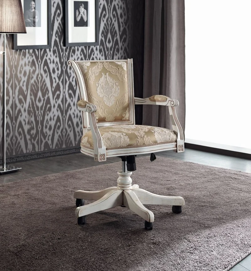 Casa Padrino Luxus Barock Bürostuhl Gold / Weiß 58 x 48 x H. 89-99 cm - Höhenverstellbarer Schreibtischstuhl mit elegantem Muster - Barock Büro Möbel - Luxus Qualität - Made in Italy