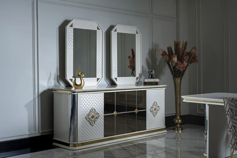 Casa Padrino Luxus Art Deco Möbel Set Weiß / Gold - 1 Sideboard & 2 Spiegel - Edel & Prunkvoll