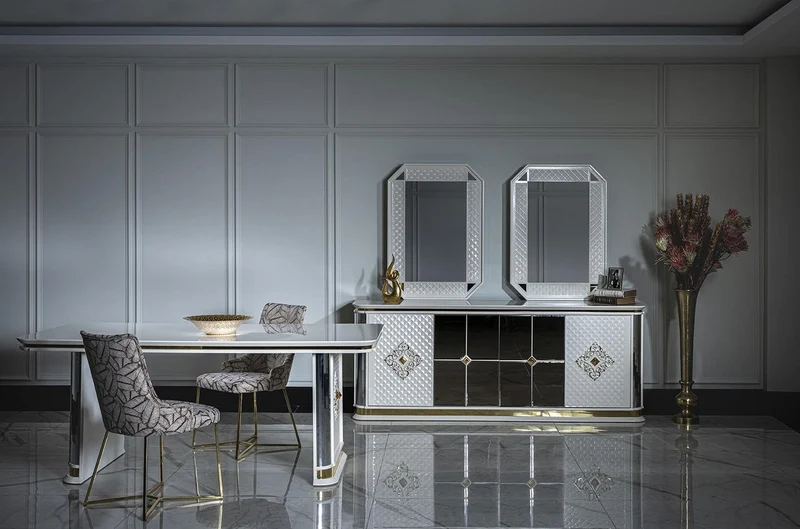 Casa Padrino Luxus Art Deco Möbel Set Weiß / Gold - 1 Sideboard & 2 Spiegel - Edel & Prunkvoll